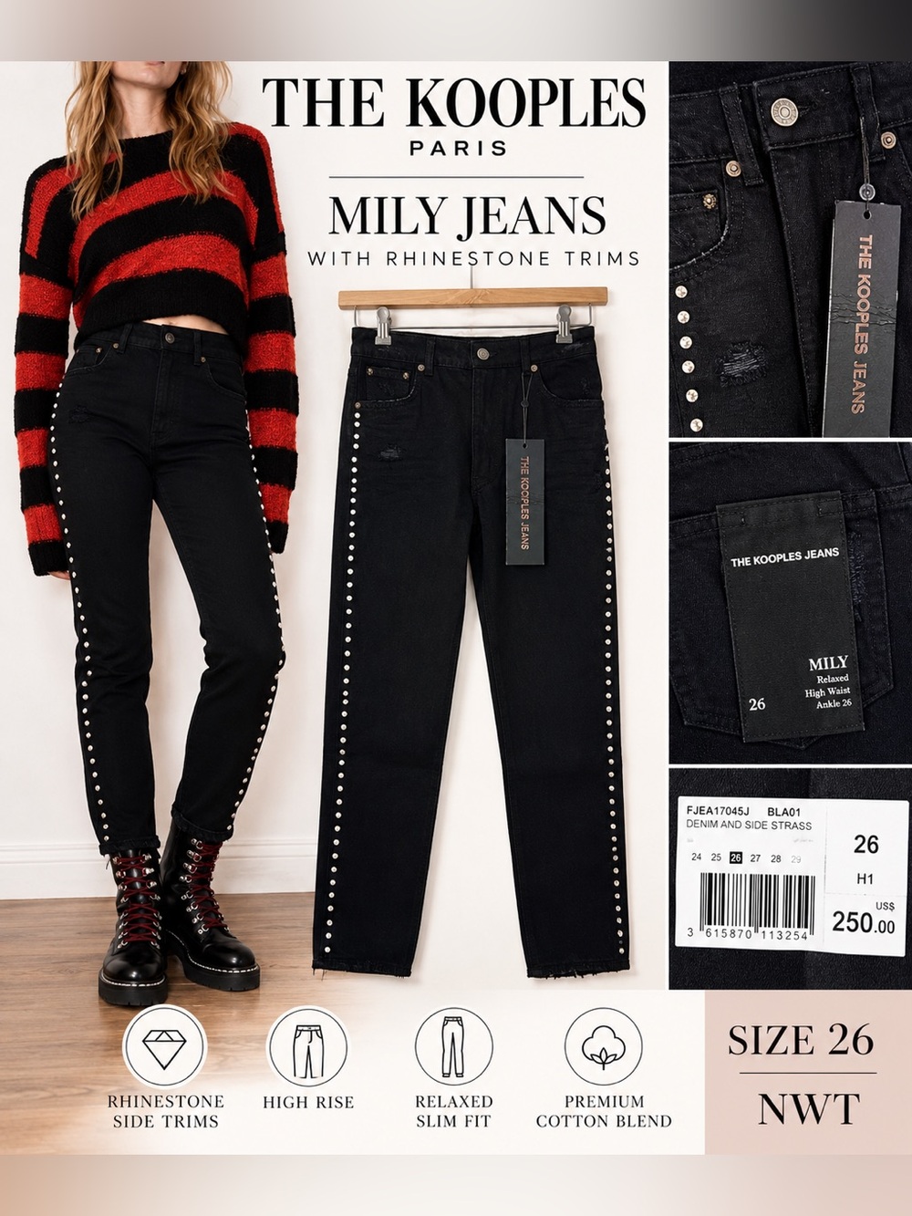 The Kooples MILY JEANS WITH RHINESTONE TRIMS Size 26 NWT